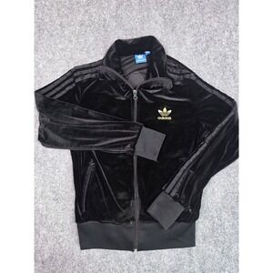Adidas Track Jacket Womens Y2K Small Black Velour Gold Trefoil Zip Up 3-Stripe